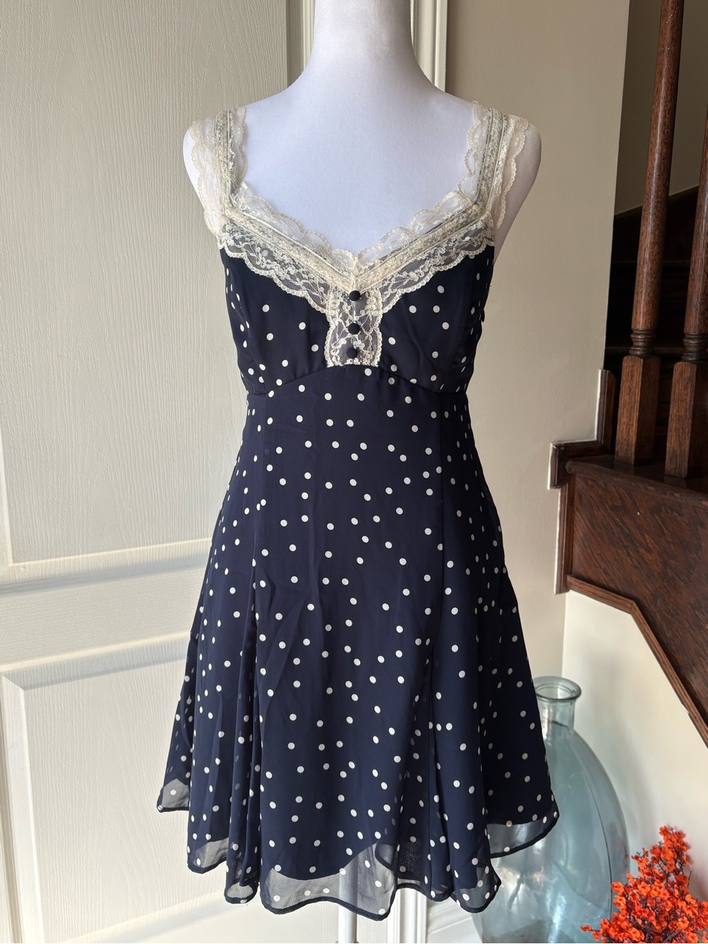Abercrombie and Fitch Lace Trim V Neck Polka Dot Dress in Navy